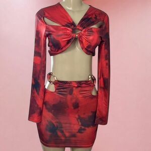 Red Tie Dye Cut Out Two Piece Set | Crop Top & Mini Skirt Size S